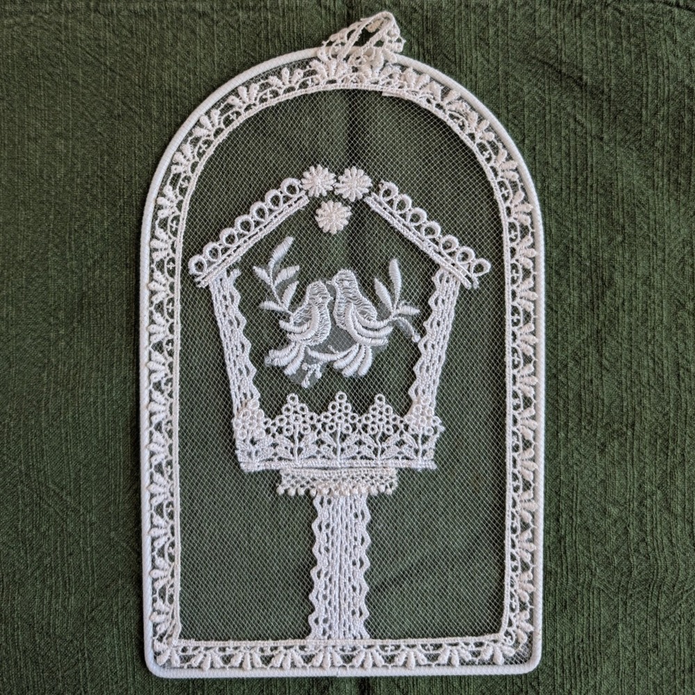 Vintage Belgian Lace Wall Hanging Birdhouse Lovebirds White Lace Art 8.25x5.25